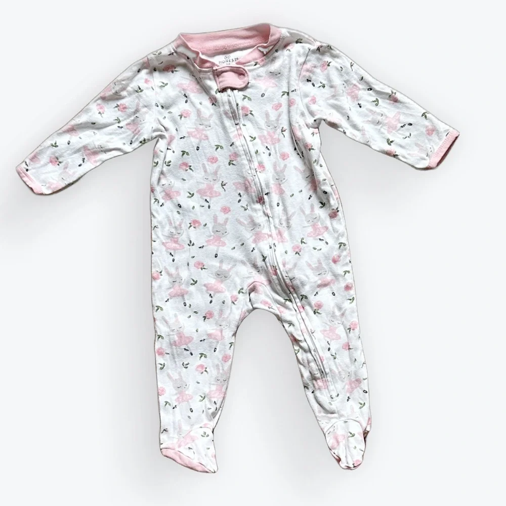 Honest Organic Cotton Gray Ballerina Bunnies Pink Roses Adorable Sweet ~3-6 Mos.